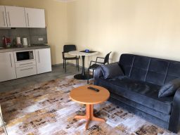 Wohnraum mit Sofa, Tisch, Stühlen und Kücheneinheit. Neutrale Farbgebung.